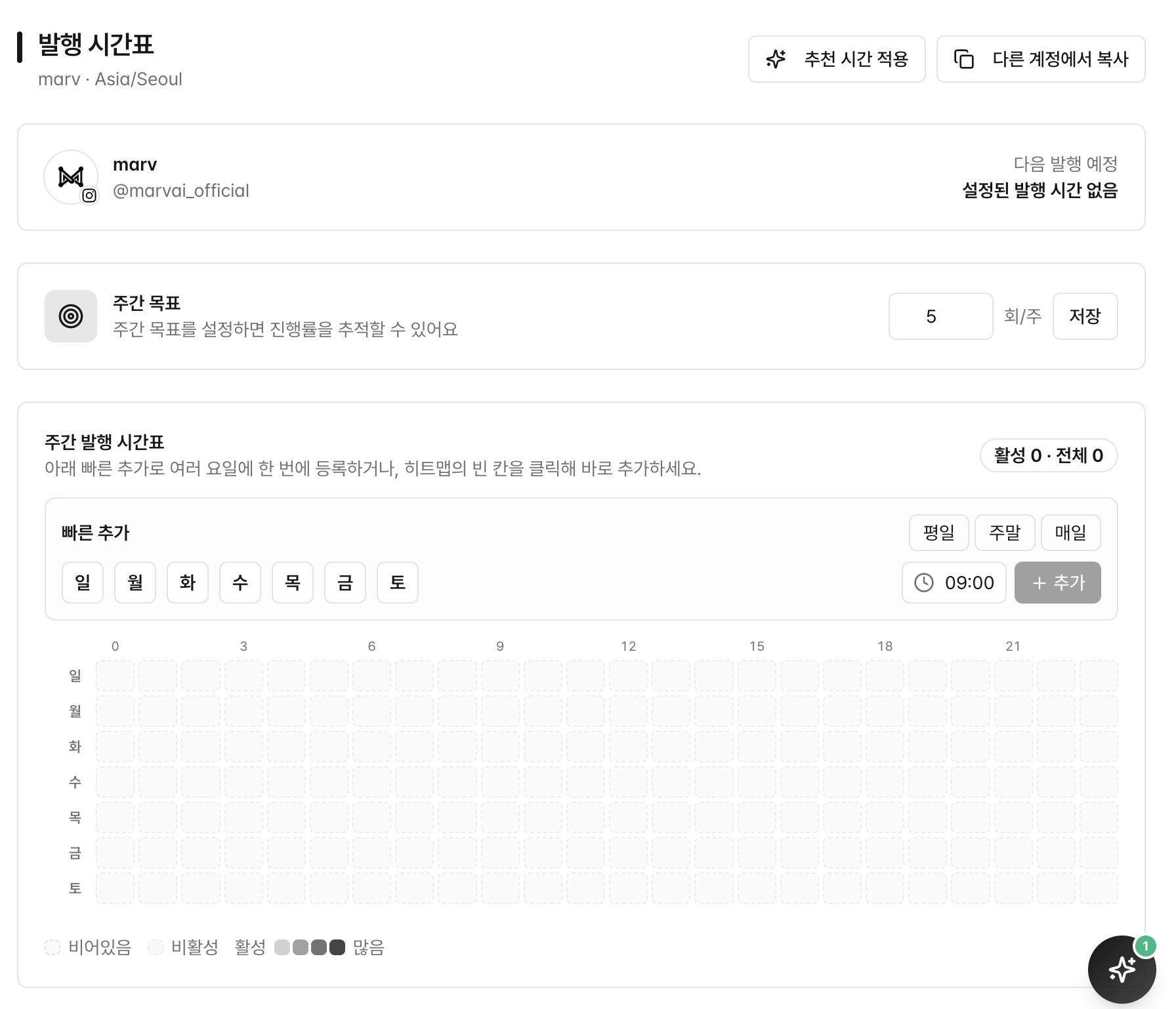 주간 발행 시간표: 요일×시간 히트맵 + 빠른 추가 + 주간 목표